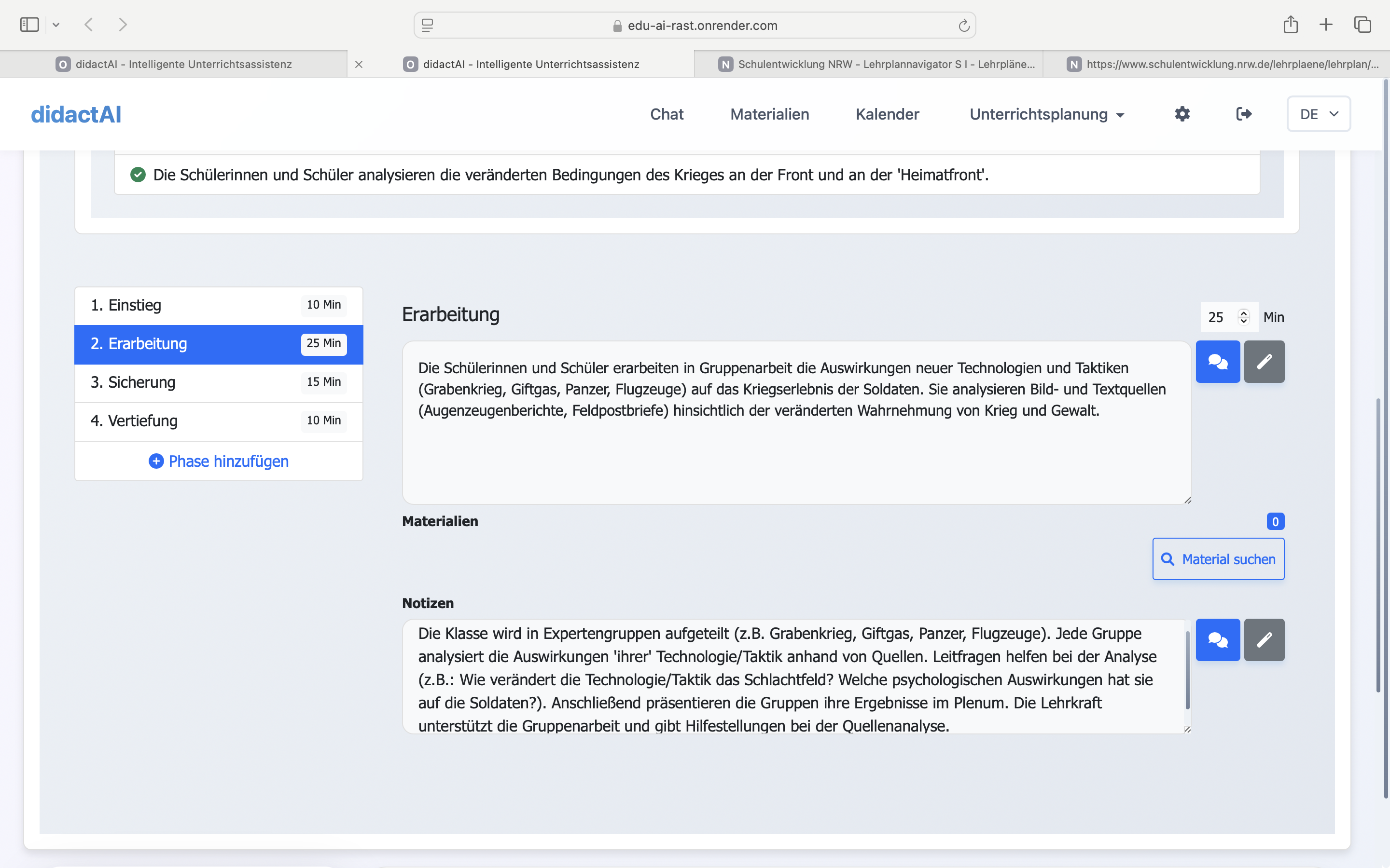 Stundenplanung: Beispiel für Materialintegration in Phasen