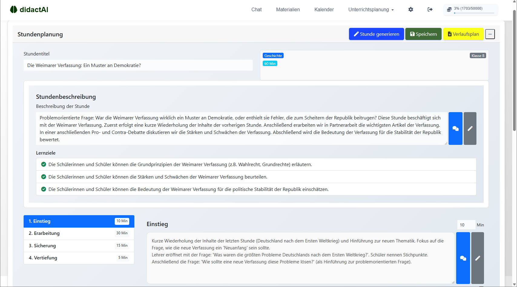 didactAI Funktion: Intelligente Stundenplanung mit Verlaufsplan