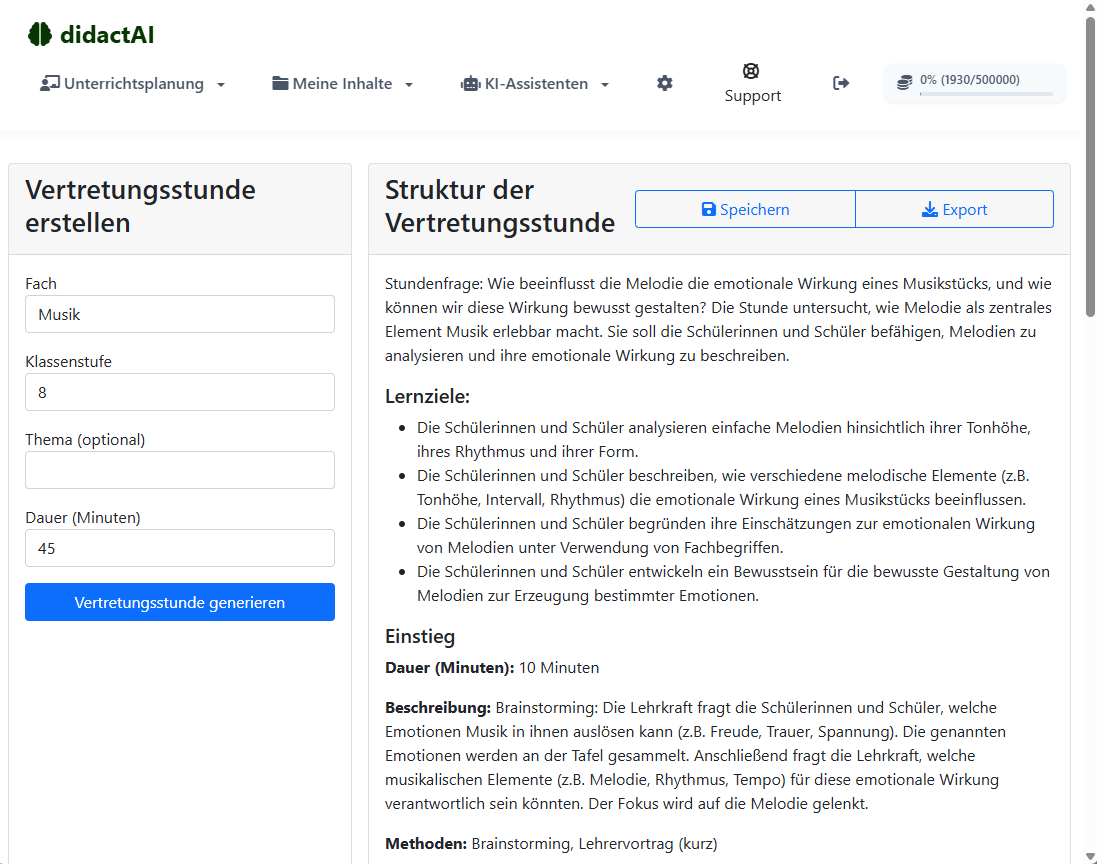 didactAI generates substitute lesson in Music with learning objectives and phases