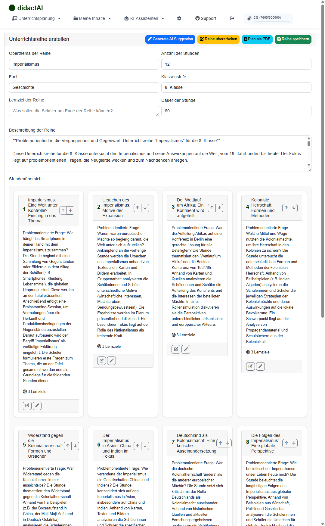 didactAI unit planning semester: lesson overview with problem-oriented guiding questions, learning objectives and methods