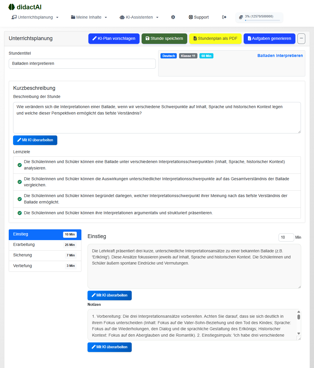 didactAI lesson planning: interpreting ballads – learning objectives, phases (introduction, development, consolidation, transfer) and notes