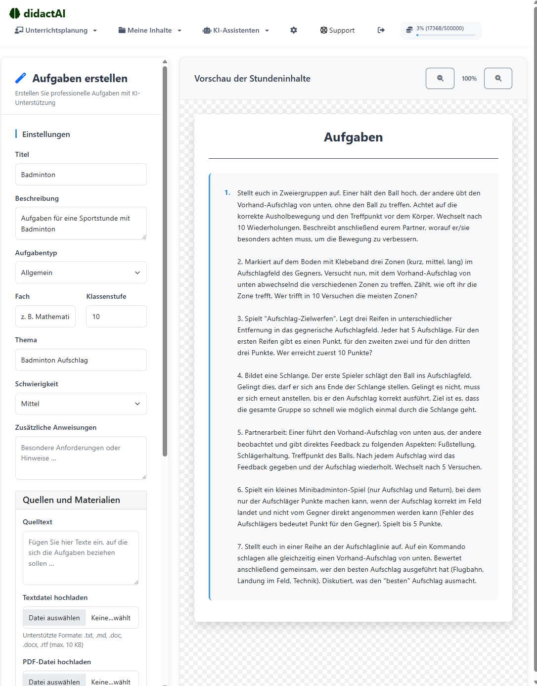 didactAI task generator: Badminton tasks with worksheet preview