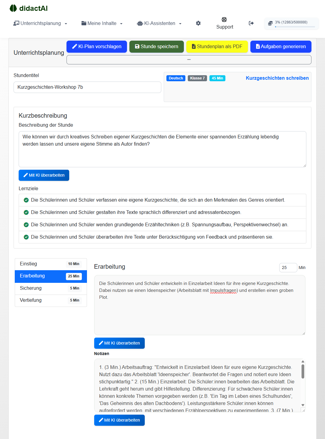didactAI lesson planning interface - short stories workshop with AI support